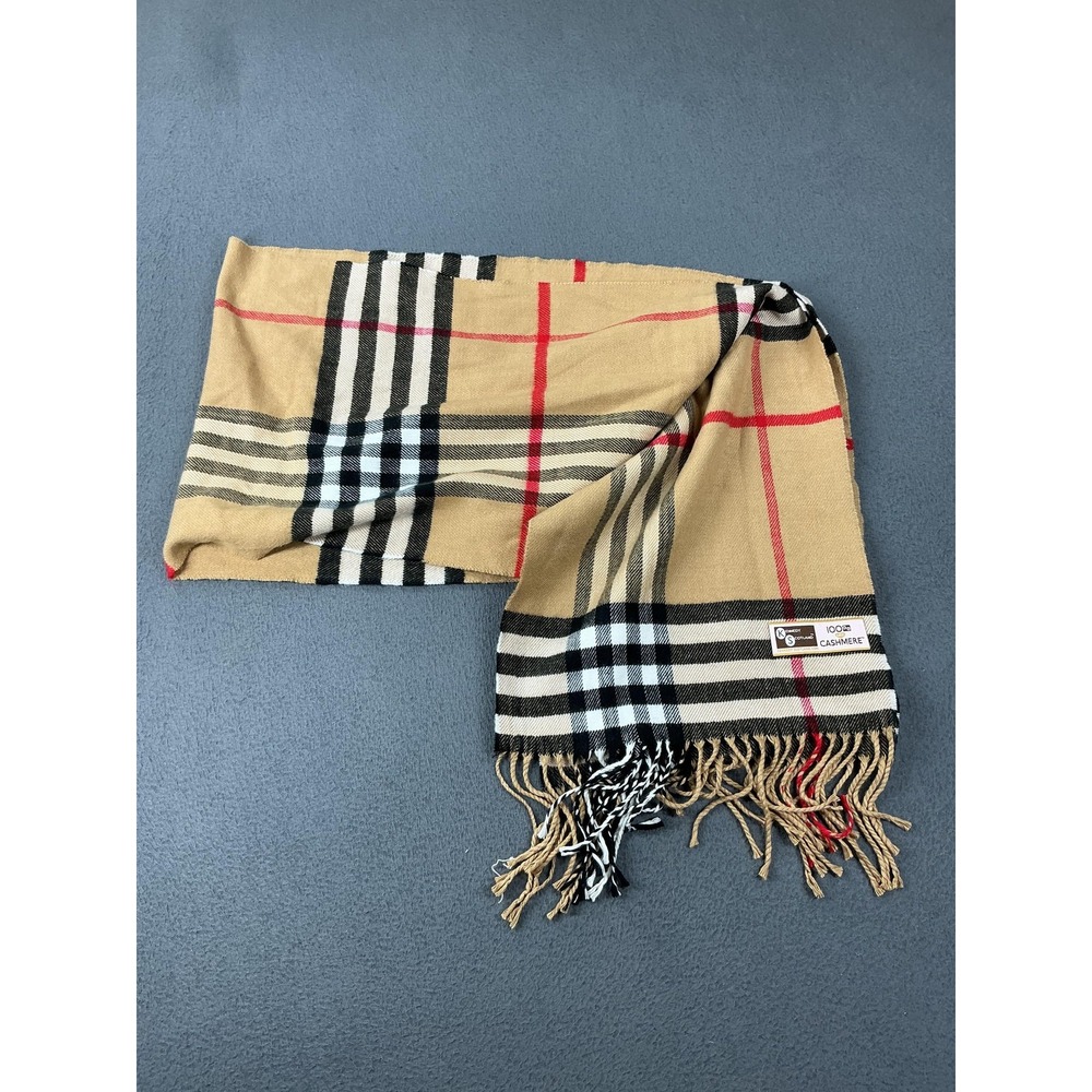 Kennedy Scotland Scarf Womens Beige Cashmere Plaid Rectangle Fringe Neck Warmer